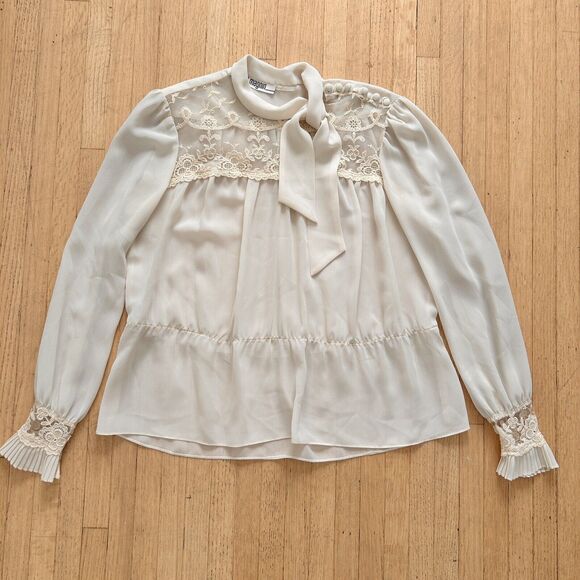 I.Magnin Vintage Ivory Lace Blouse Sheer Rayon Tie Neck Long Sleeve Top Shirt - Picture 1 of 11